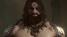 Diablo 4 image showing the Barbarian staring forward with a bone necklace around their neck.
