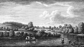 An illustration of people boating and fishing on a gentle river in the countryside.